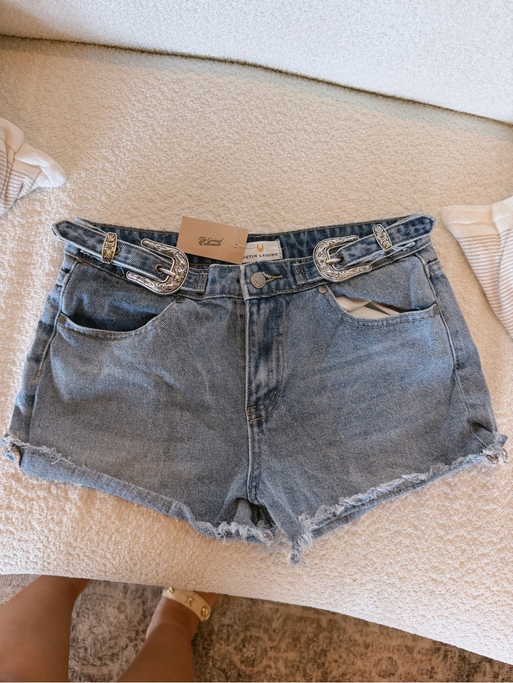 Austin Landing Denim Shorts with Western Buckle Belt - Light Blue